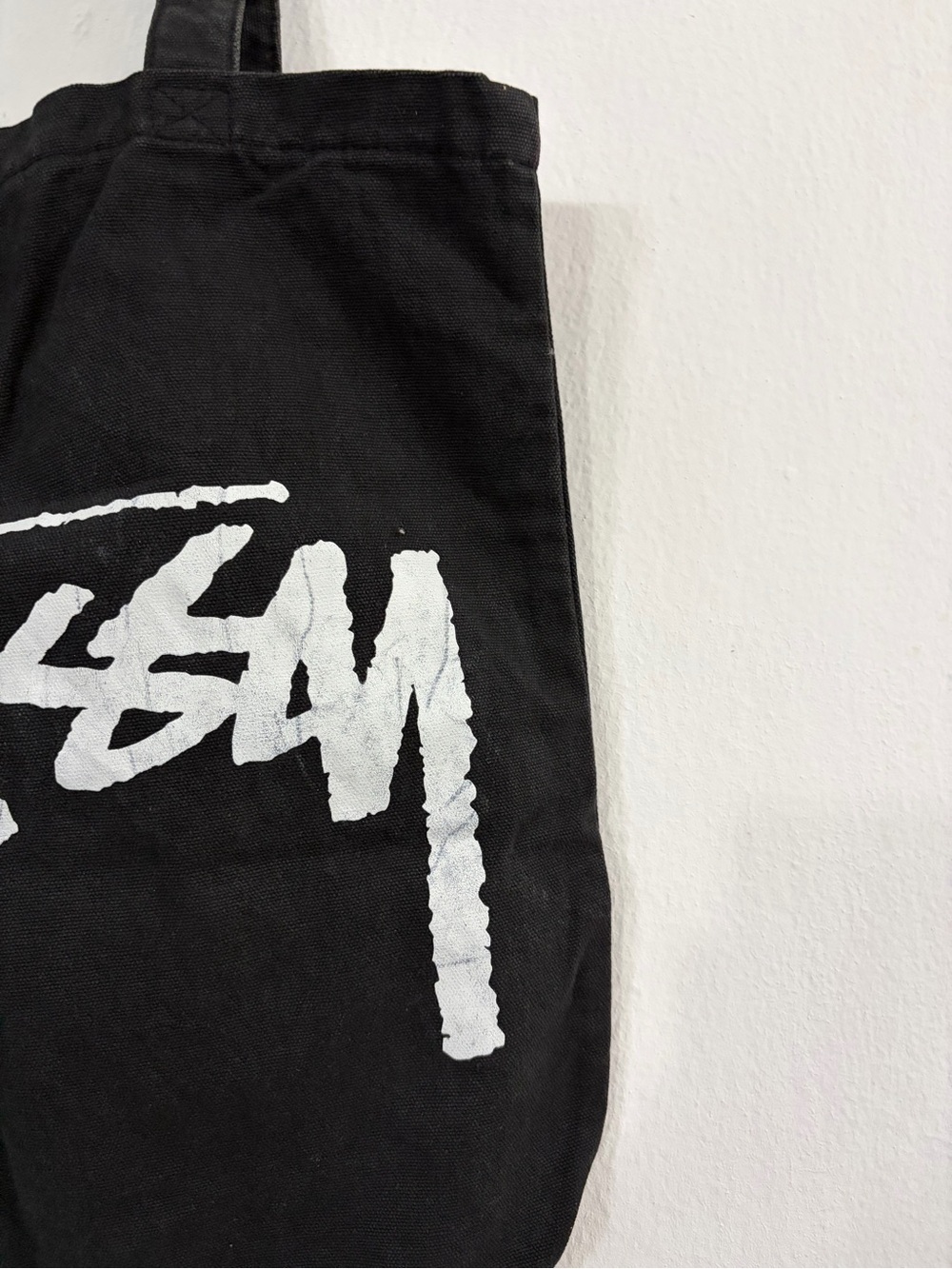 Stussy Big Stock Logo Canvas Tote Bag Black Cotton Shoulder Book Bag Streetwea - Picture 3 of 8